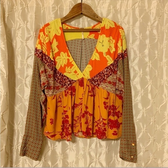 Free People Aloha State of Mind Patchwork Top Flower Detail Drapey Orange Yellow - Picture 2 of 14